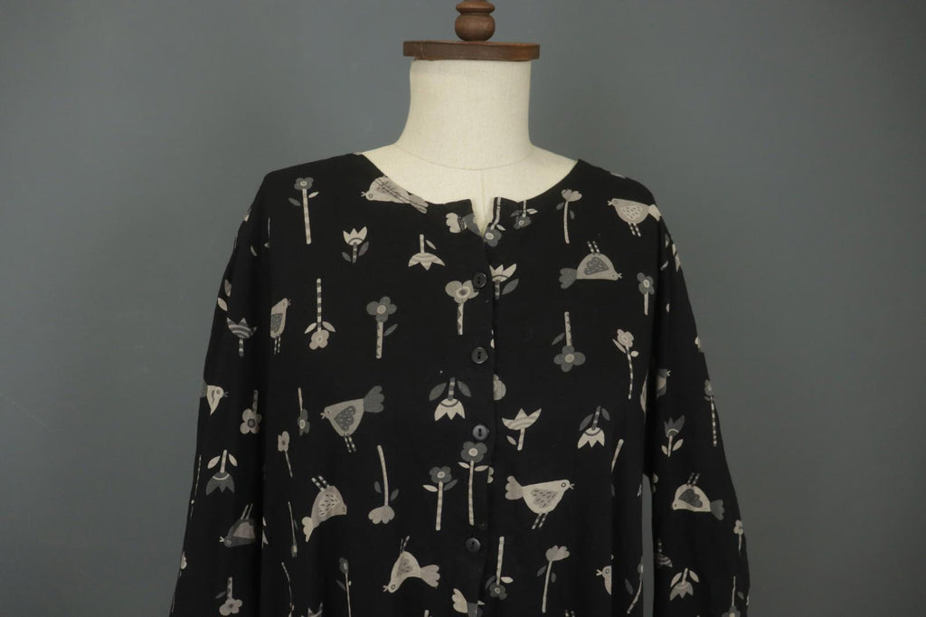 GUDRUN SJODEN Black Floral Long Sleeve Keyhole Neck Button Front Tunic Top Sz L