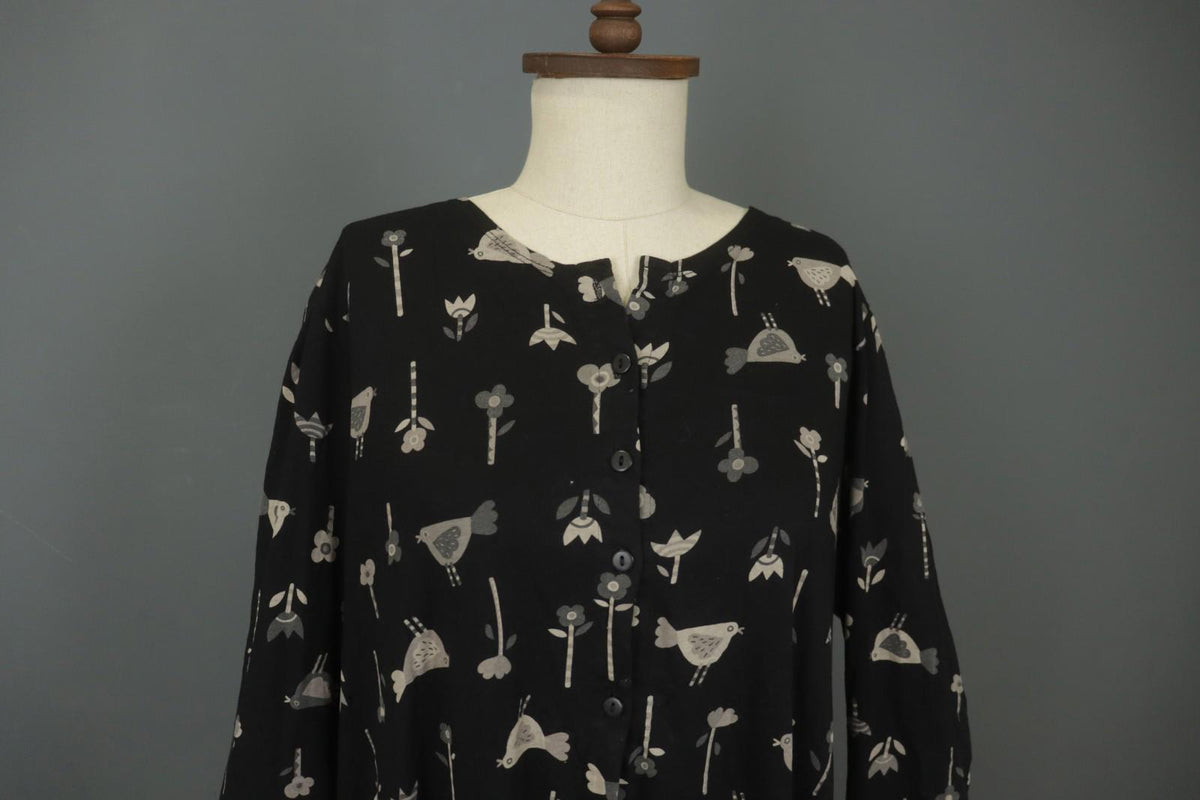 GUDRUN SJODEN Black Floral Long Sleeve Keyhole Neck Button Front Tunic Top Sz L