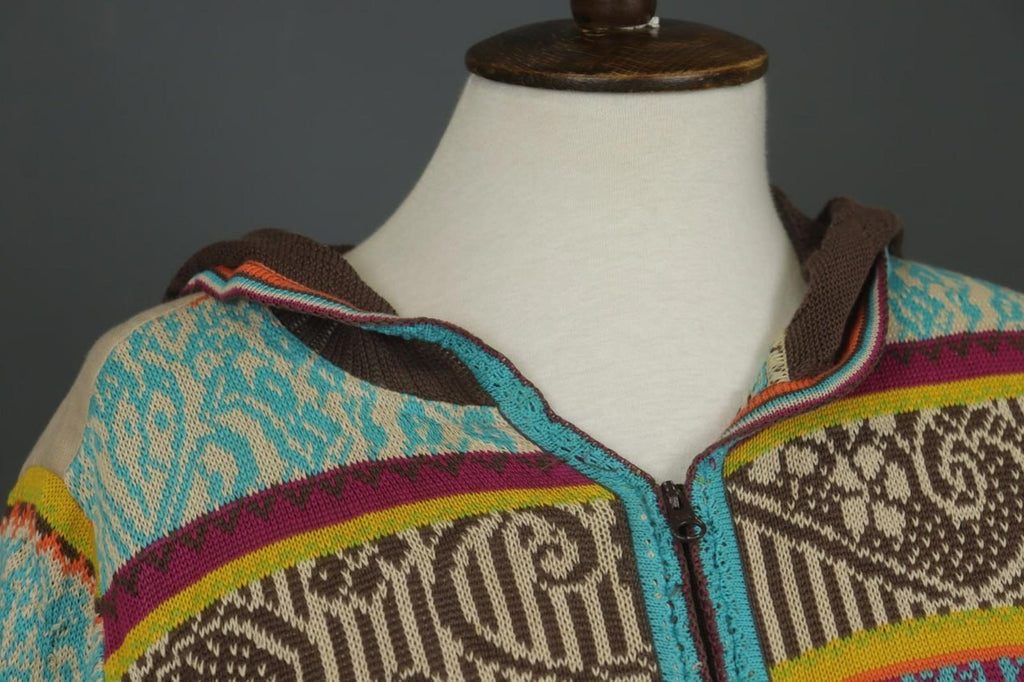 IVKO Multi Embroidered Floral Knitted Long Sleeve Full Zip Hooded Sweater – Size L
