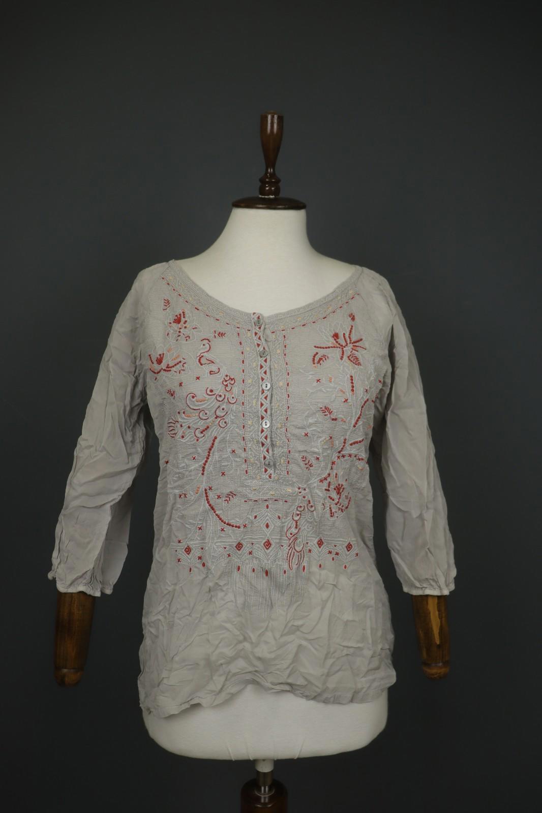 JOHNNY WAS Multi Embroidered Floral Long Sleeve Button Tunic Blouse Top S/M