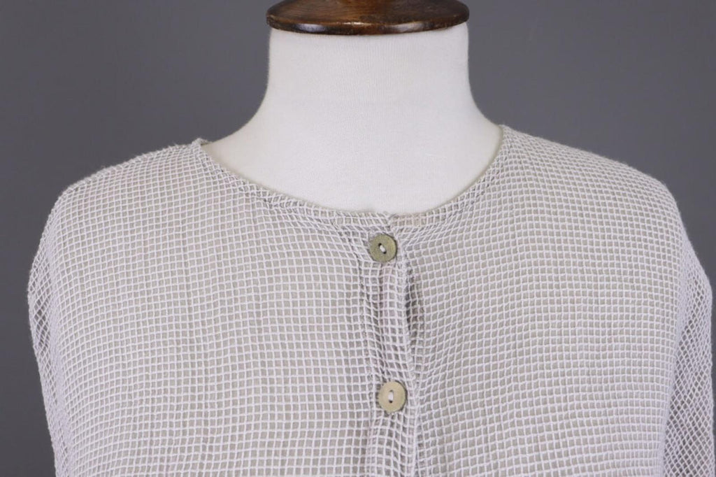 GRIZAS Gray Open Knit Silk Button Down 3/4 Sleeve Blouse Shirt Tunic – Size M
