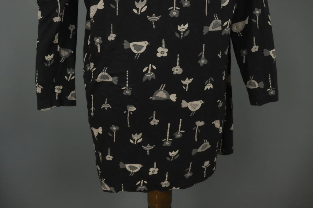 GUDRUN SJODEN Black Floral Long Sleeve Keyhole Neck Button Front Tunic Top Sz L