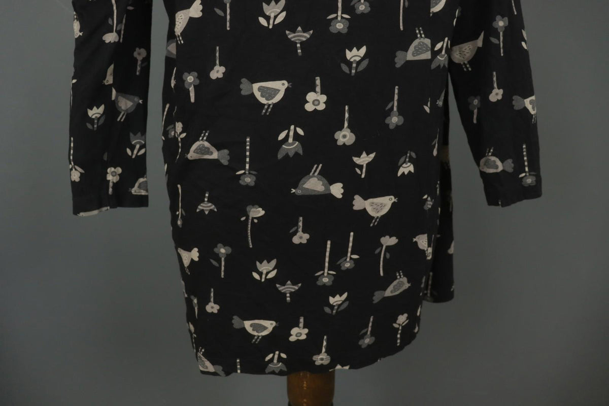 GUDRUN SJODEN Black Floral Long Sleeve Keyhole Neck Button Front Tunic Top Sz L