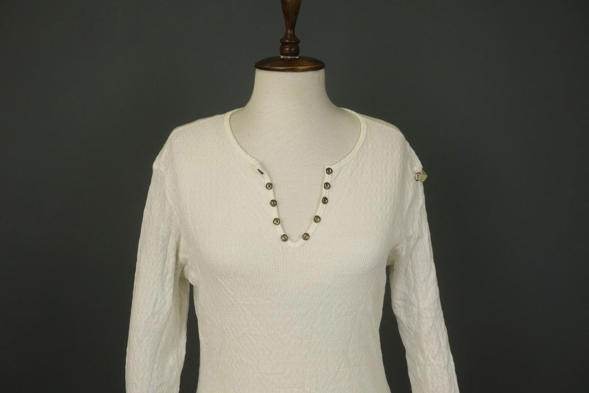 JUST CAVALLI White Knitted Long Sleeve V-Neck Stretch Pullover Sweater – Size 50