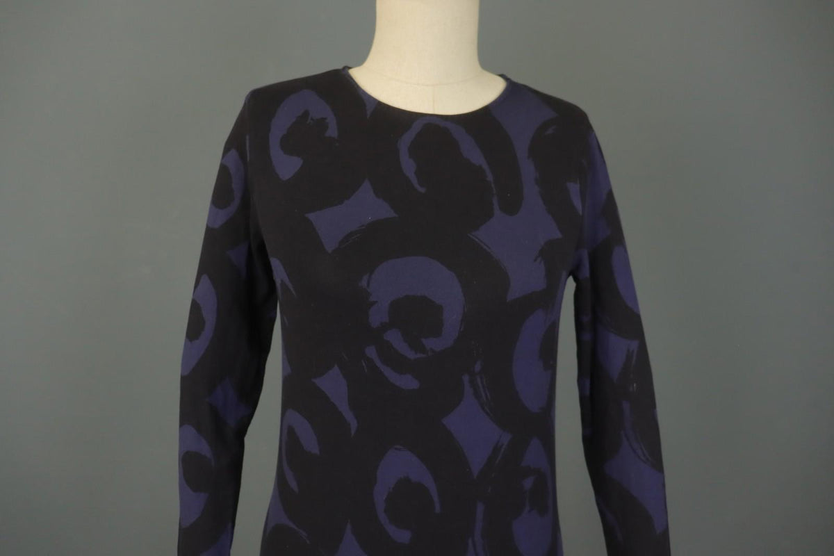 MARIMEKKO Purple Black Printed Viscose Long Sleeve Pullover Shift Dress – Size XS