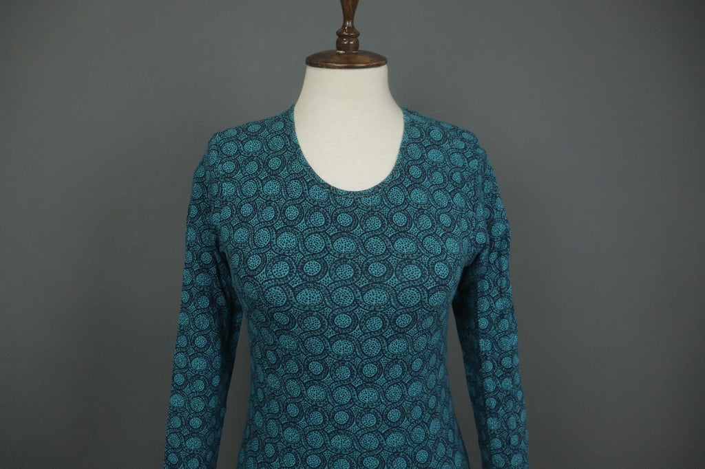 MARIMEKKO Teal Geometric Print Cotton Round Neck Long Sleeve Blouse Top – Size S