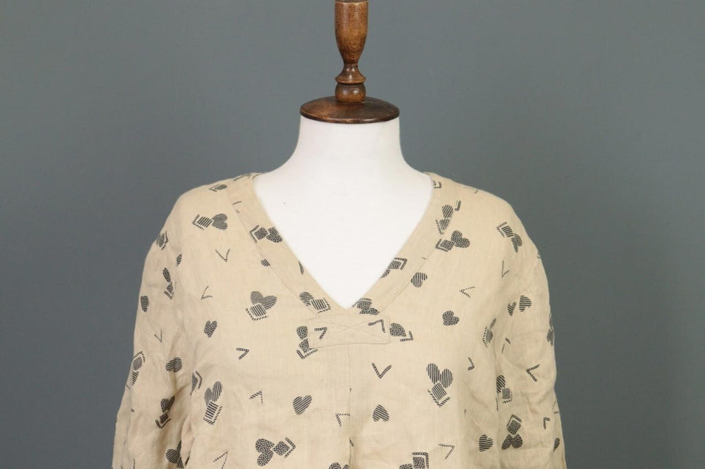 GUDRUN SJODEN Beige Printed Linen Long SLeeve Lagenlook Blouse Tunic Shirt Sz M