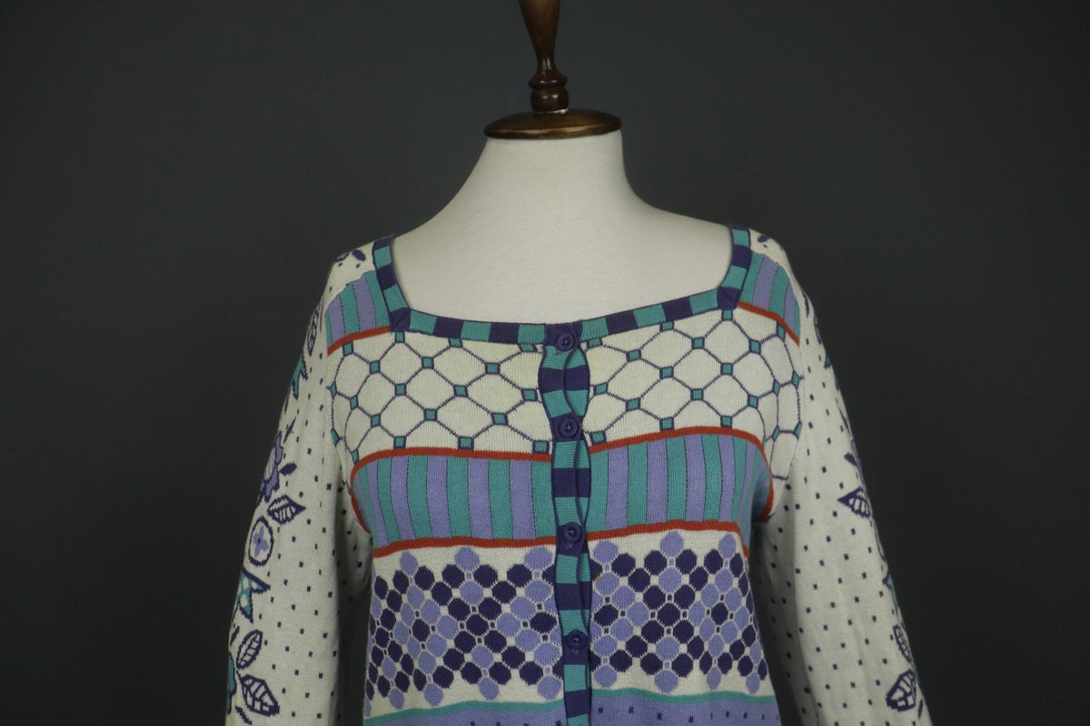 GUDRUN SJODEN Multi Geometric Cotton Knit Button Front Cardigan Sweater – Size S