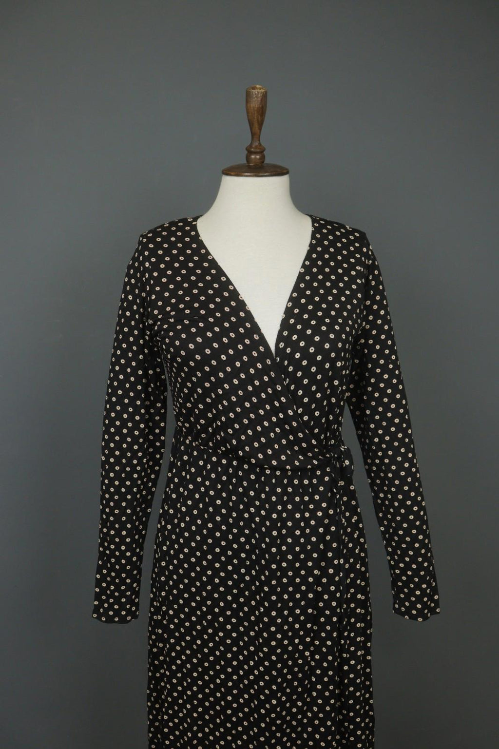 GUDRUN SJODEN Black Polka Dot Modal Long Sleeve Tie Waist Wrap Dress – Size M