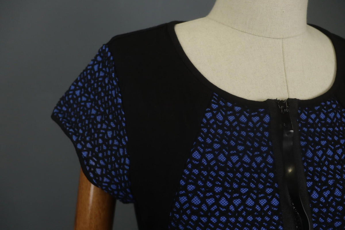 COP COPINE Blue & Black Round Neck Short Sleeve Zip-Up A-Line Dress – Size 40