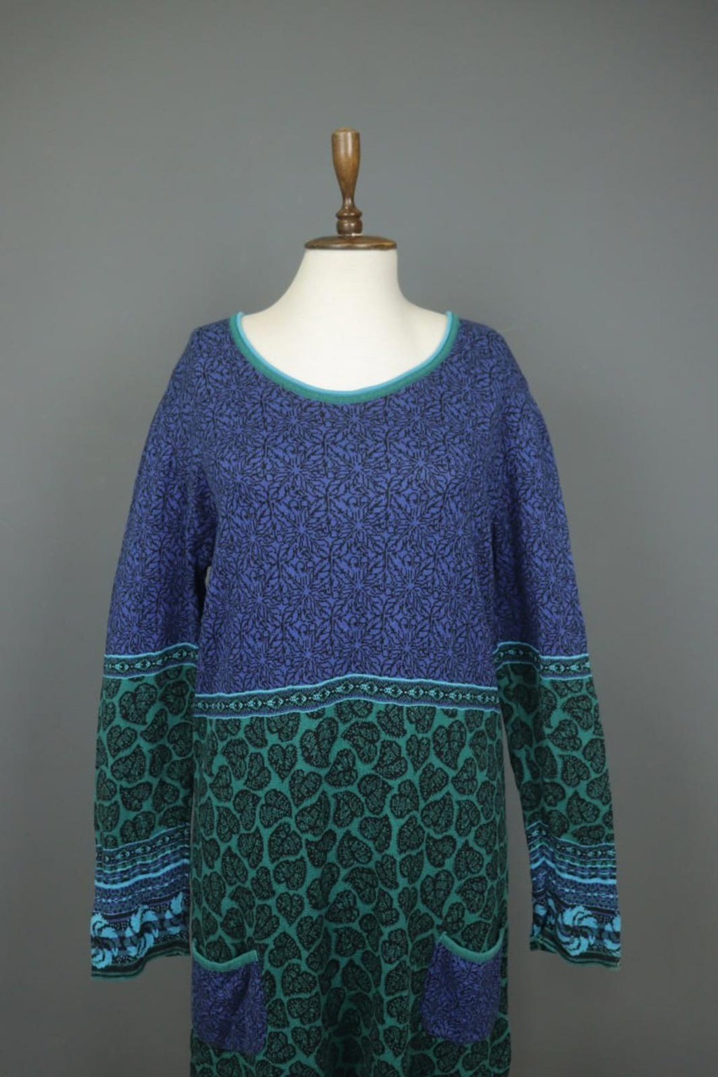 IVKO Multicolor Palm Leaf Cotton Long Sleeve Round Neck Pullover Sweater Dress