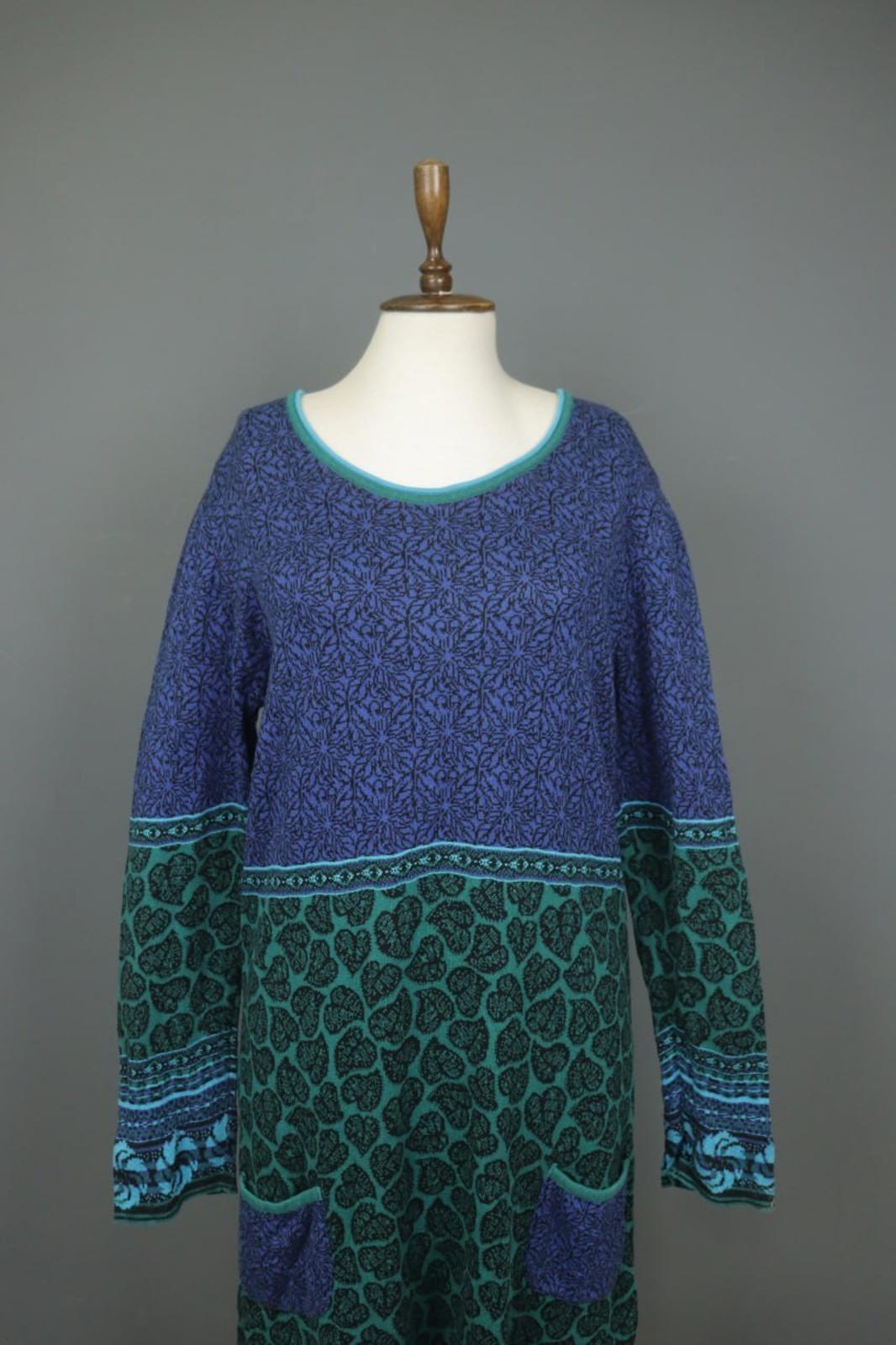 IVKO Multicolor Palm Leaf Cotton Long Sleeve Round Neck Pullover Sweater Dress