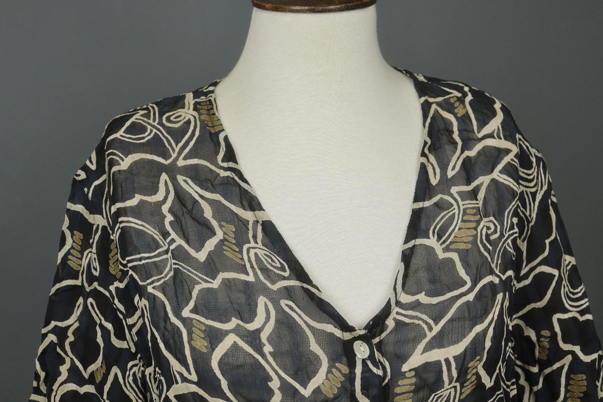 GUDRUN SJODEN Black Floral 100% Viscose V-Neck Button Front Shirt Dress – Size L