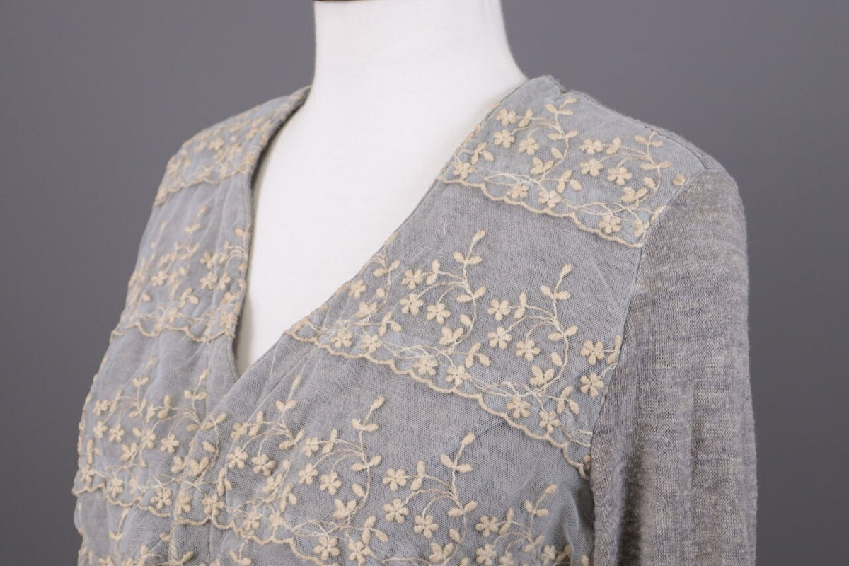 Elisa Cavaletti Gray Floral Mesh Wool Cropped Cardigan Sweater – Size L – Used