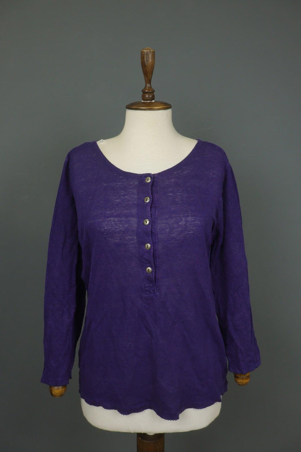 GUDRUN SJODEN Purple 100% Linen Stretch Round Neck Button Front Shirt Top – Size L