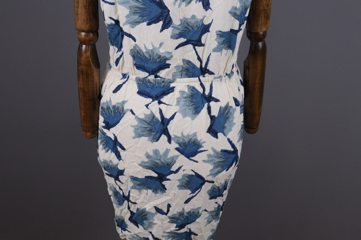 Ganni White Floral Short Sleeve V-Neck Peged Dress – Size S