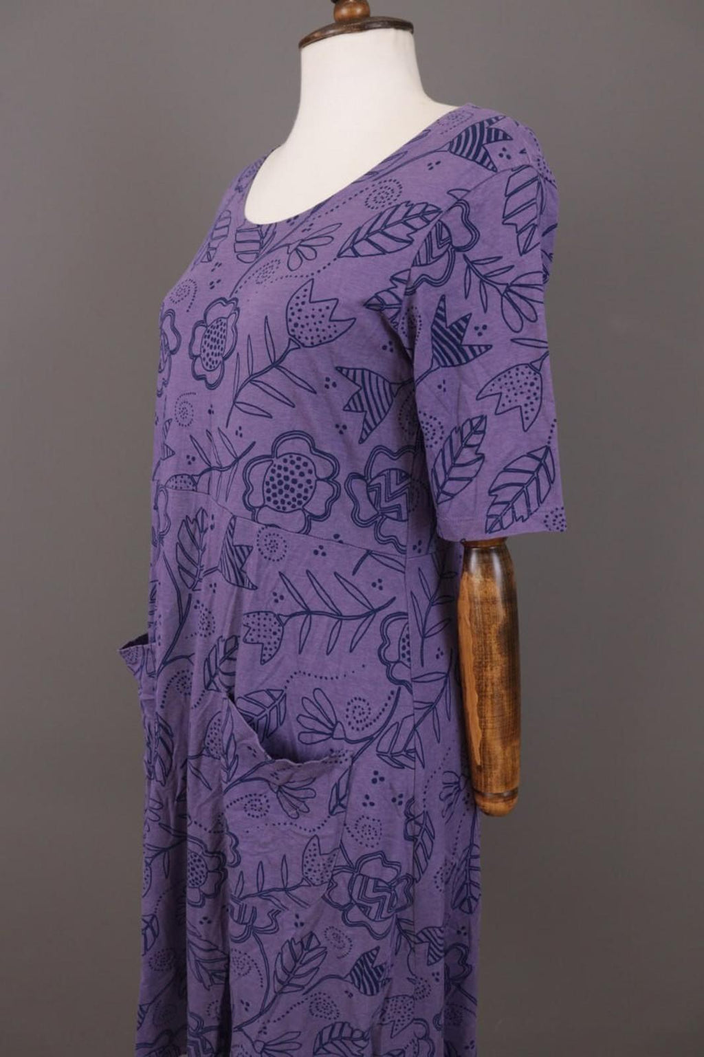 GUDRUN SJODEN Purple Floral Pockets Short Sleeve Blouson Midi Dress – Size M