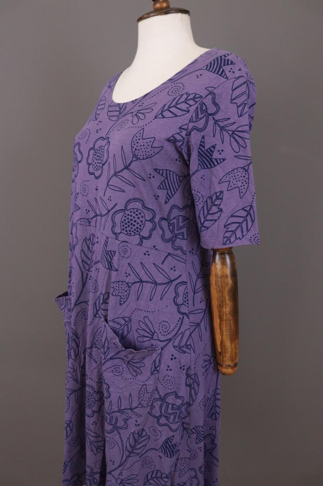 GUDRUN SJODEN Purple Floral Pockets Short Sleeve Blouson Midi Dress – Size M