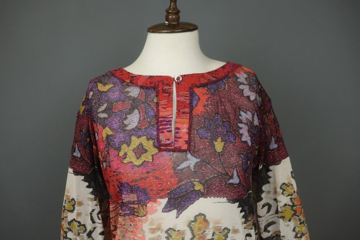 FUZZI Multi Geo Print Balloon Sleeve Round Neck Keyhole Front Mini Dress M/L