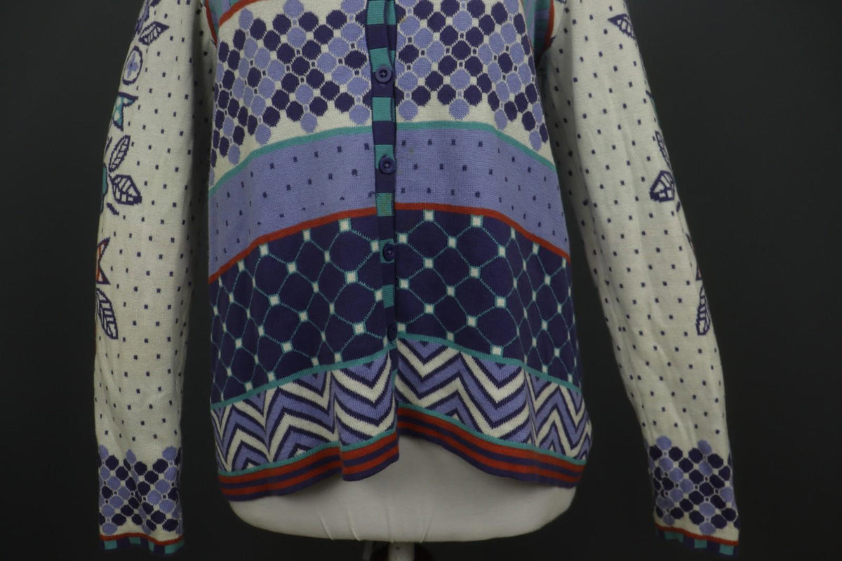 GUDRUN SJODEN Multi Geometric Cotton Knit Button Front Cardigan Sweater – Size S