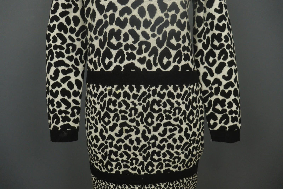 GIVENCHY Life Black White Leopard Print 100% Wool Long Sleeve Sweater Dress M/L