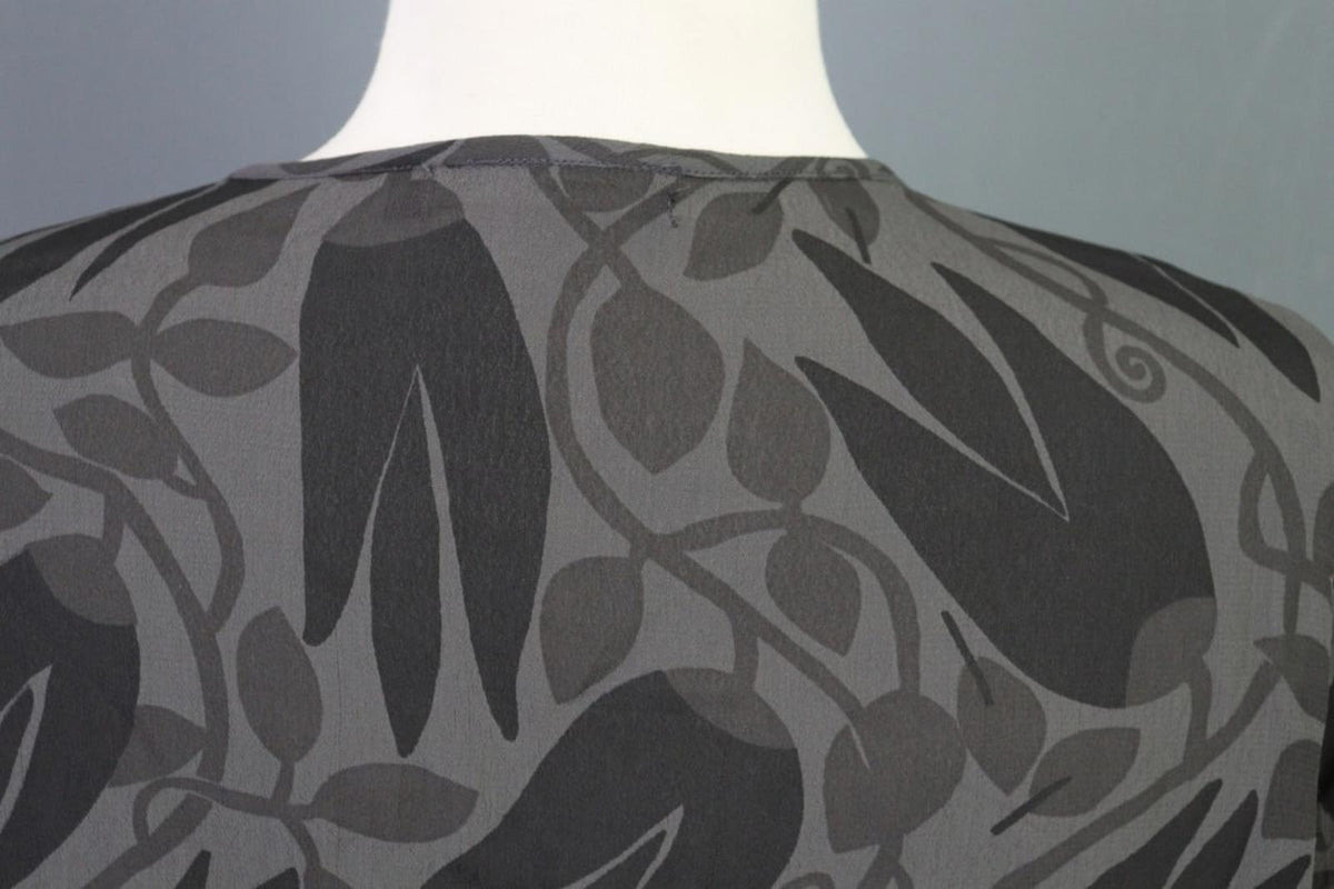 GUDRUN SJODEN Gray Black Leaf Print 100%Viscose Button Front Sheath Dress – Size L