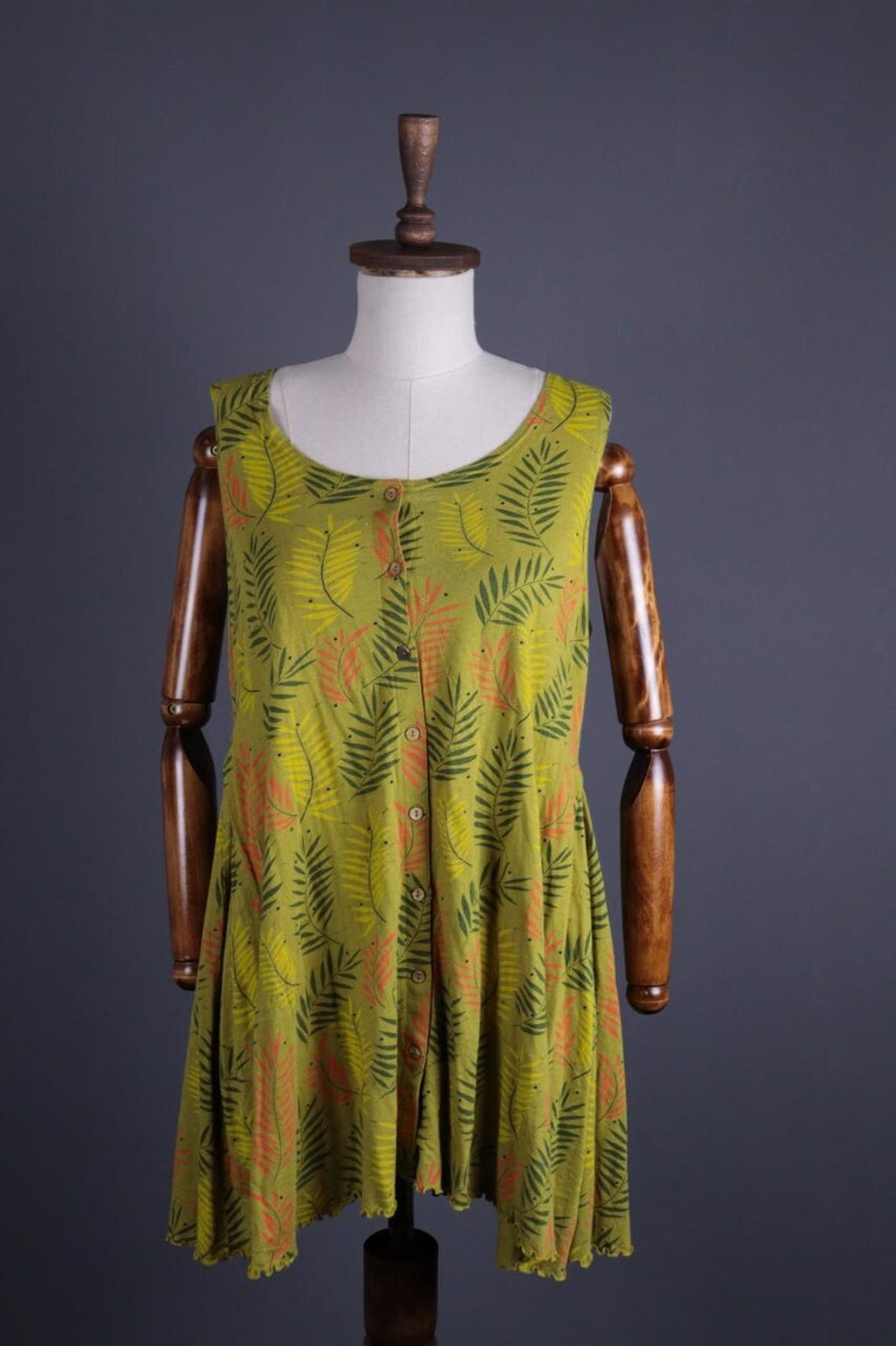 GUDRUN SJODEN Green Floral Button Down Lagenlook Sleeveless Blouson Dress – Size L
