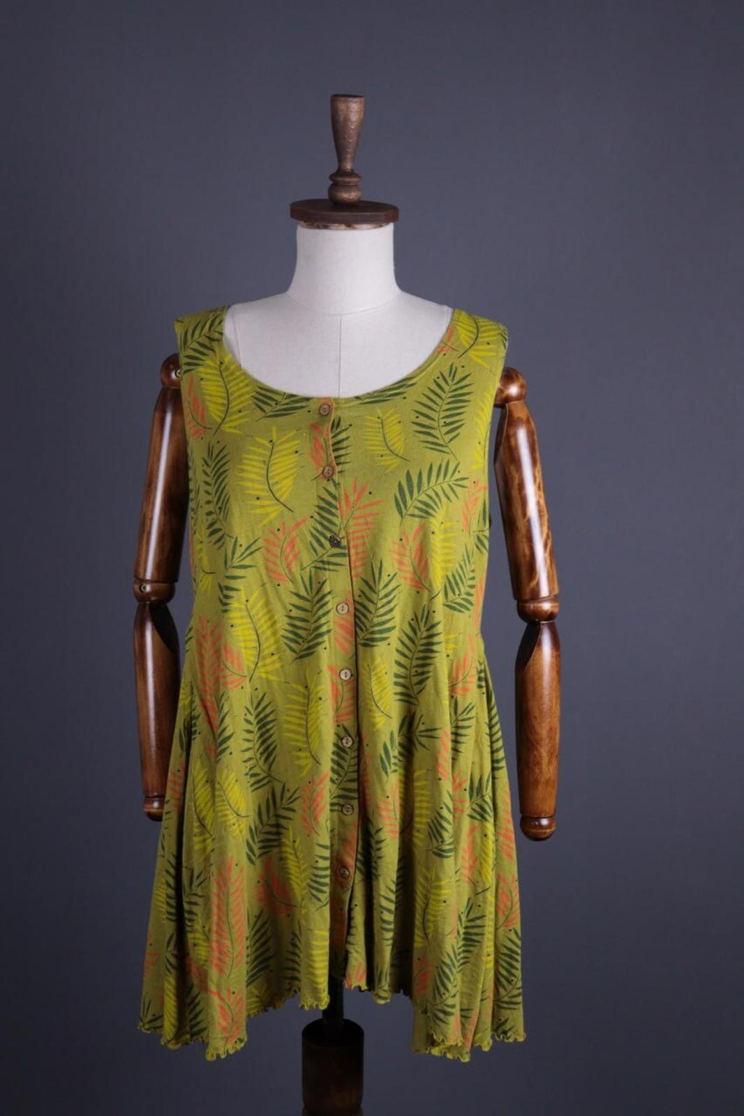 GUDRUN SJODEN Green Floral Button Down Lagenlook Sleeveless Blouson Dress – Size L