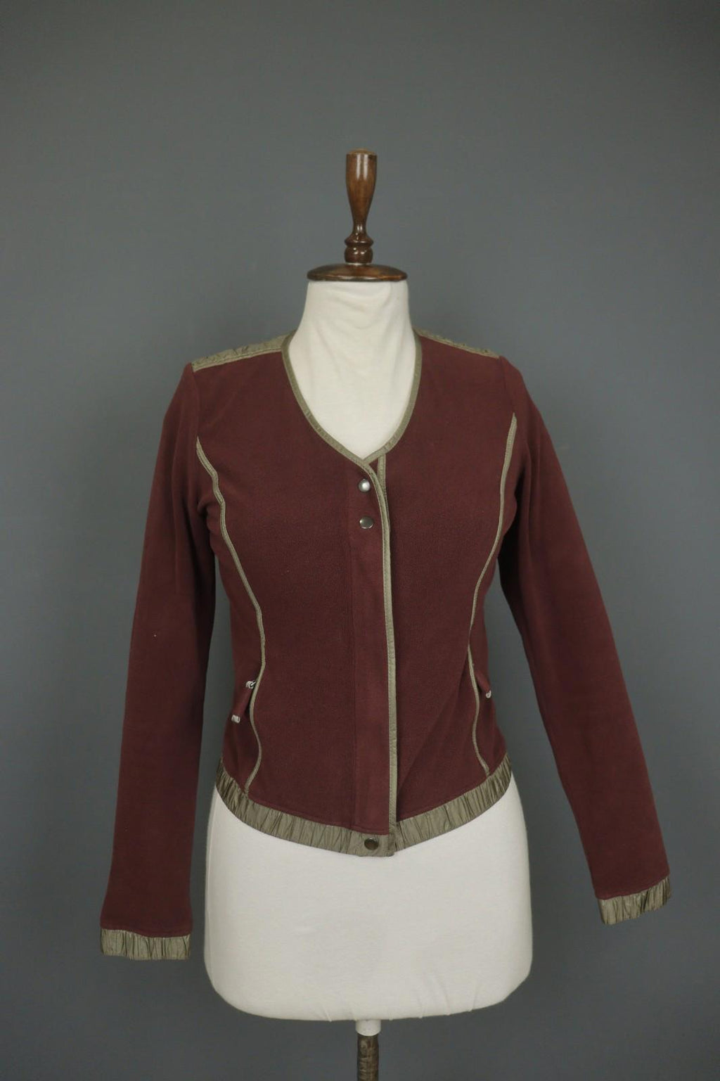 FRAUENSCHUH Burgundy V-Neck Long Sleeve Zip Pockets Button Front Fleece Jacket