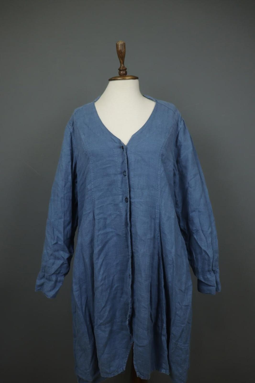GRIZAS Blue 100% Linen Long Sleeve Band Collar Button Front Tunic Dress – Size M
