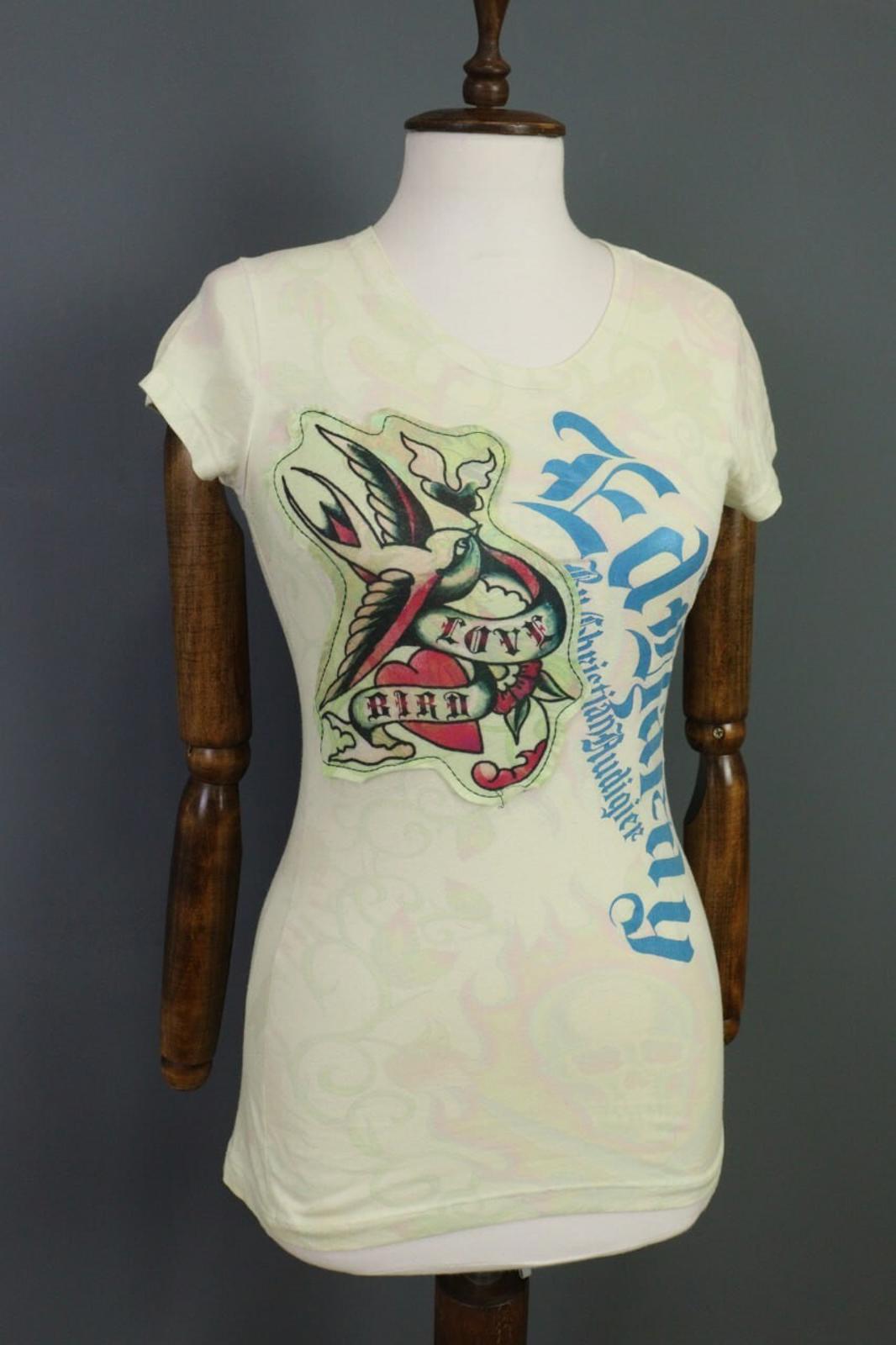 ED HARDY Blouse Shirt Love Kills Slowly Beige Printed Short Sleeve – Size S