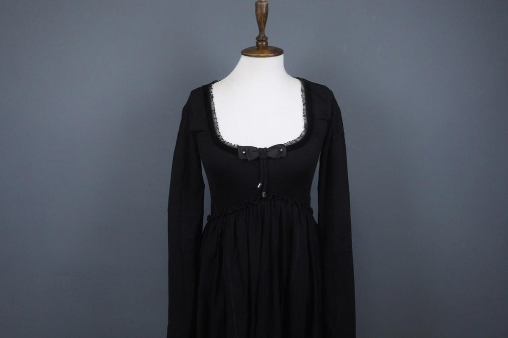 HIGH USE Black Square Neck Long Sleeve Casual Tie Front Fit & Flare Dress – Size L