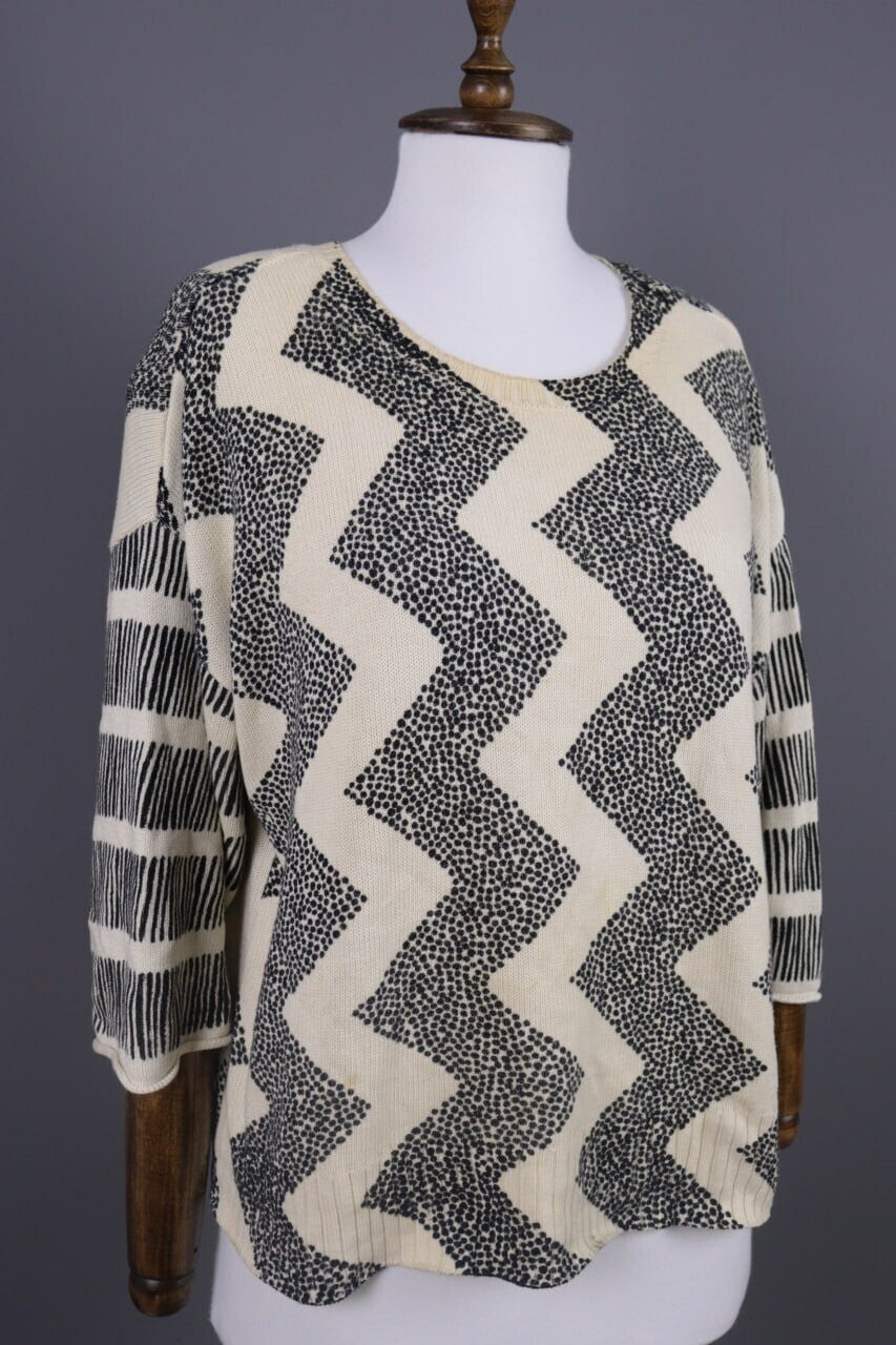 Gudrun Sjoden Beige Zig Zag 3/4 Sleeve Knit Sweater – Size S