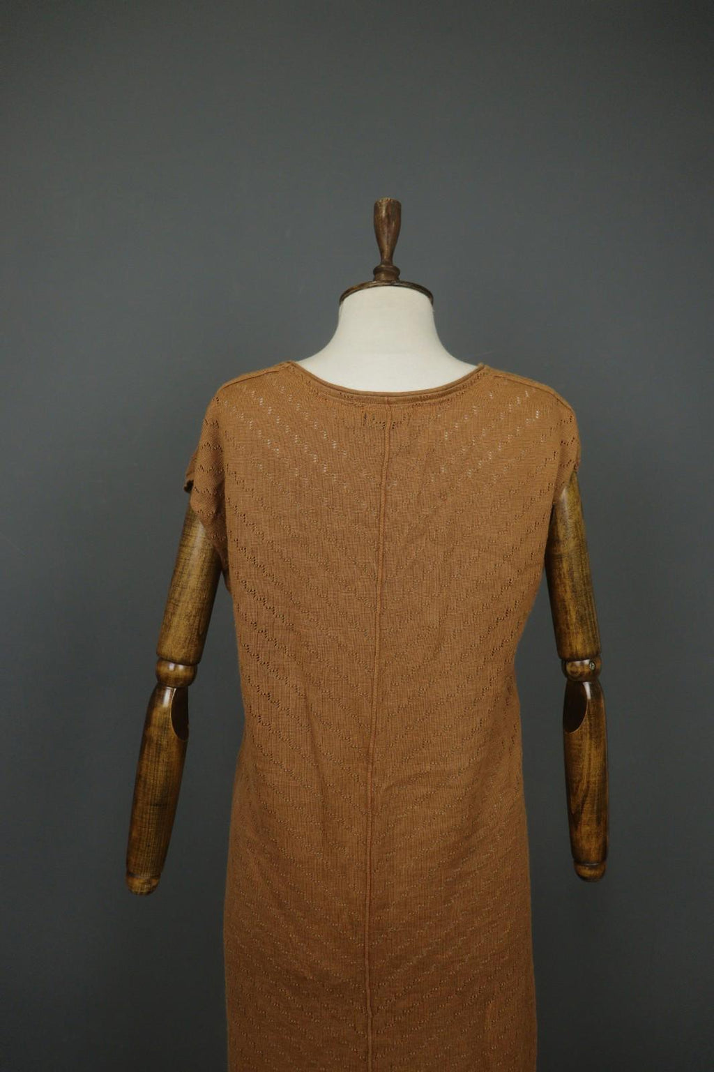 GUDRUN SJODEN Brown Ramie Open Knit Short Sleeve V-Neck Sweater Dress – Size L – Used