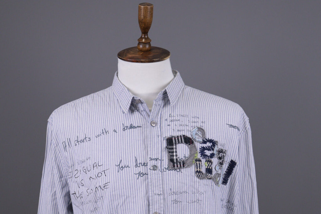 Desigual Regular Fit Blue Pinstripe Printed Long Sleeve Button Down Shirt Sz XXL