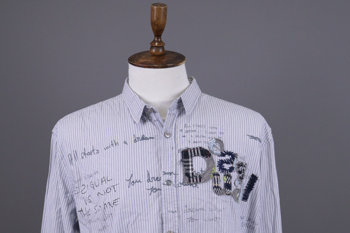Desigual Regular Fit Blue Pinstripe Printed Long Sleeve Button Down Shirt Sz XXL