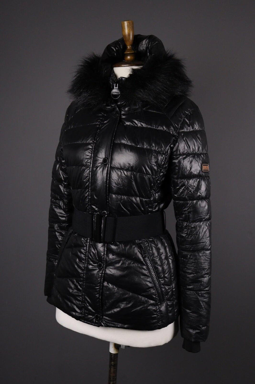 BARBOUR INTERNATIONAL Marleigh Quilt Jacket Belted Hooded Faux Fur – Size 34