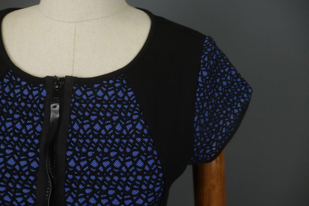 COP COPINE Blue & Black Round Neck Short Sleeve Zip-Up A-Line Dress – Size 40