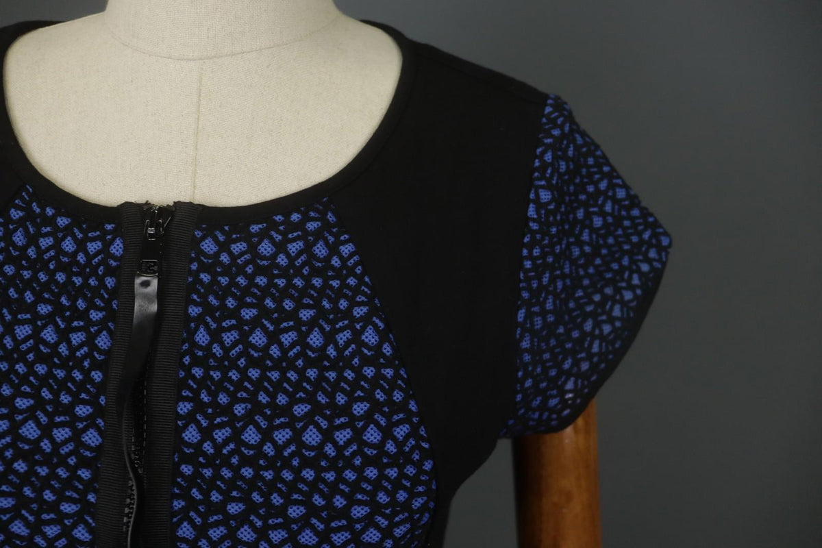 COP COPINE Blue & Black Round Neck Short Sleeve Zip-Up A-Line Dress – Size 40