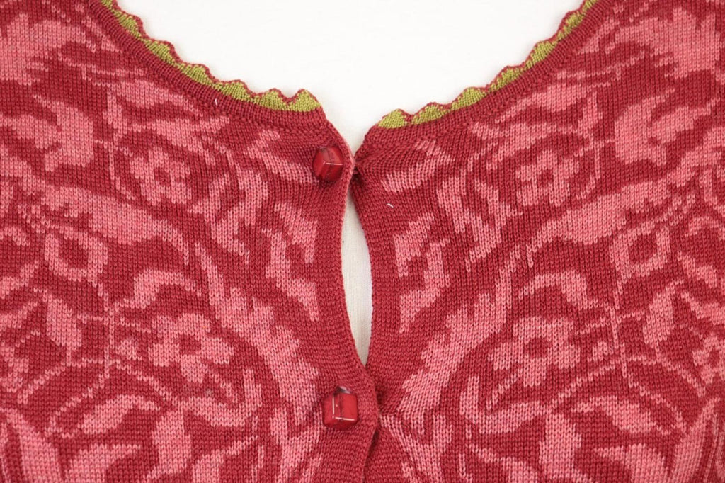 OLEANA Red Floral Round Neck Long Sleeve Button Front Cardigan Sweater S/M