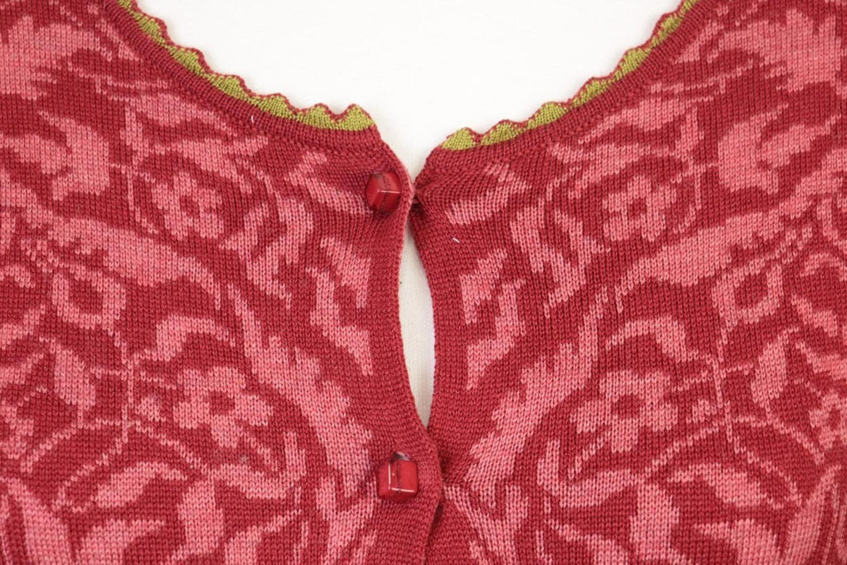 OLEANA Red Floral Round Neck Long Sleeve Button Front Cardigan Sweater S/M