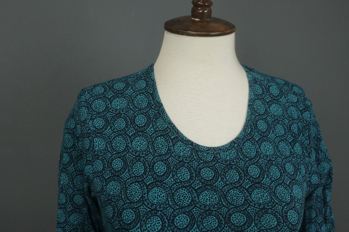 MARIMEKKO Teal Geometric Print Cotton Round Neck Long Sleeve Blouse Top – Size S