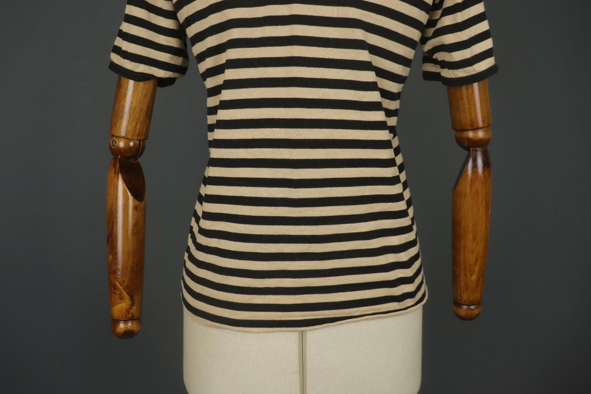 MARIMEKKO Beige and Black Striped Short Sleeve Crew Neck Top Blouse – Size S / M