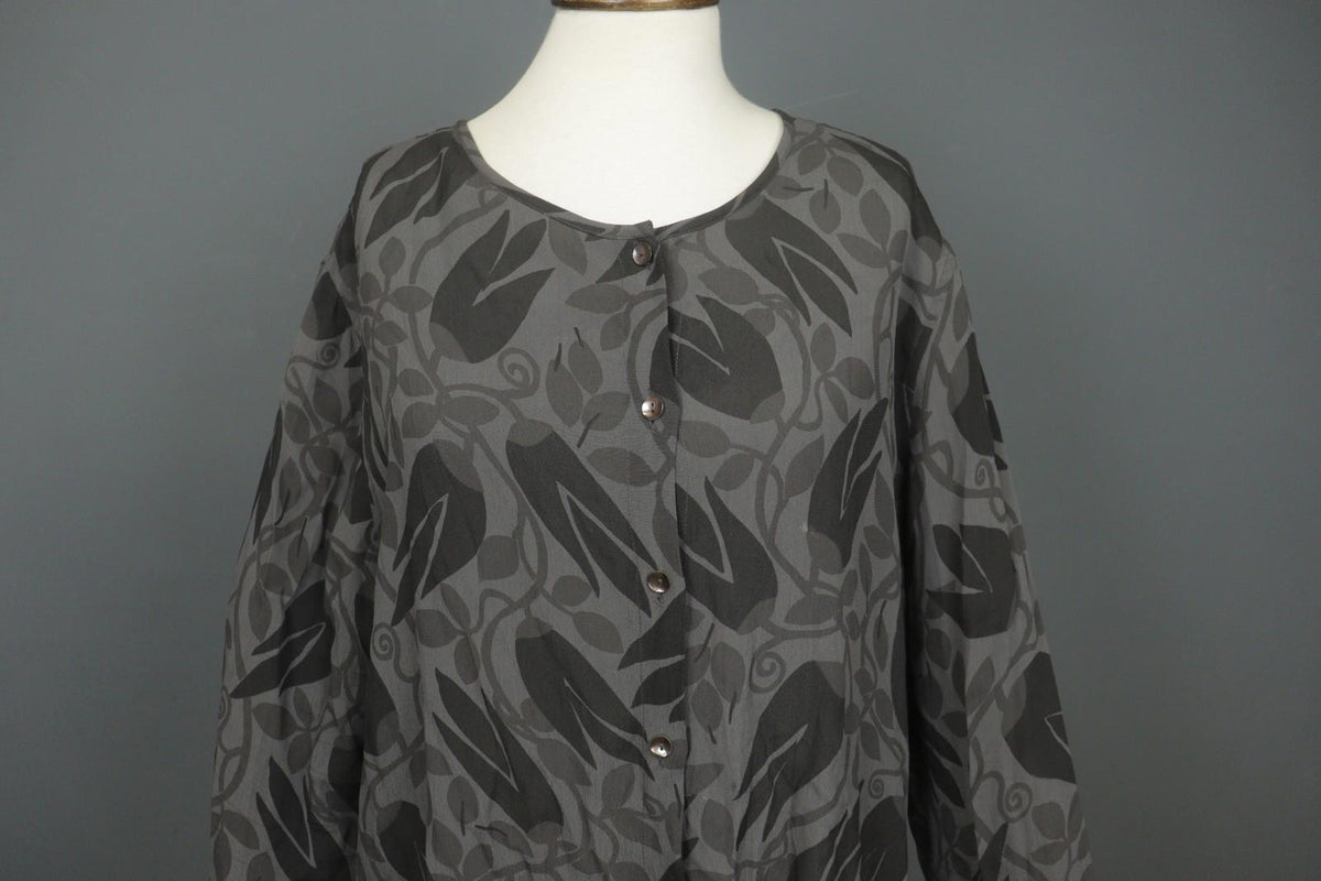 GUDRUN SJODEN Black Floral 100% Viscose Round Neck Button Front Shirt Dress Sz L