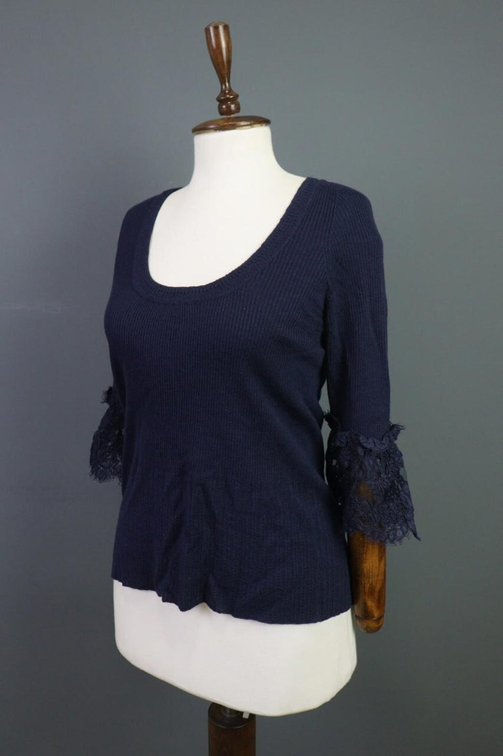 Oscan De La Renta Blue 3/4 Sleeve Ribbed Wool Cropped Sweater – Size L
