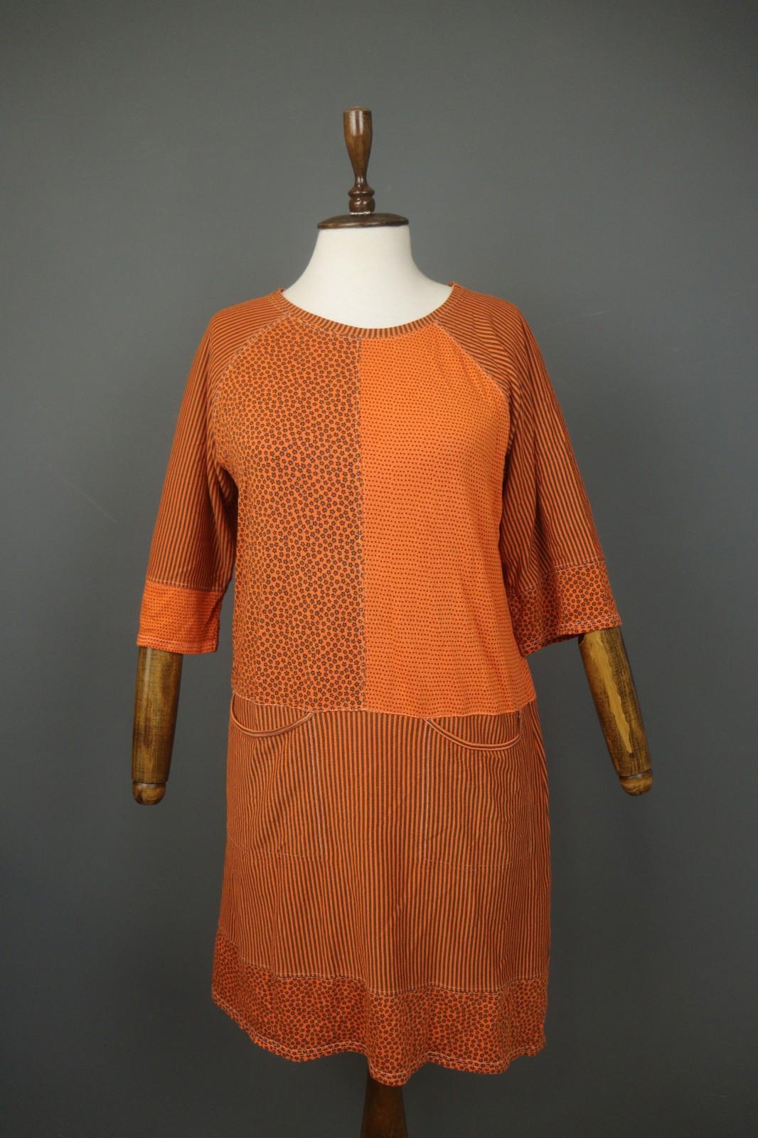 GUDRUN SJÖDEN Orange Printed Modal 3/4 Sleeve Round Neck Sheath Dress – Size S
