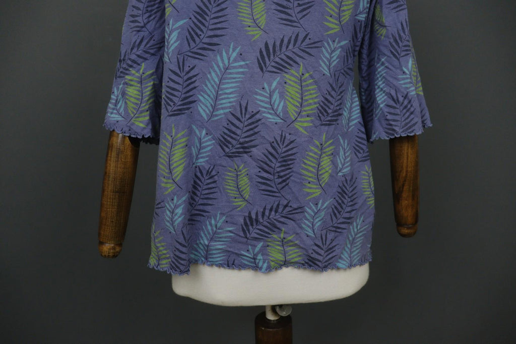 GUDRUN SJODEN Blue Palm Leaf Print Cotton 3/4 Sleeve Pullover Knit Top – Size M