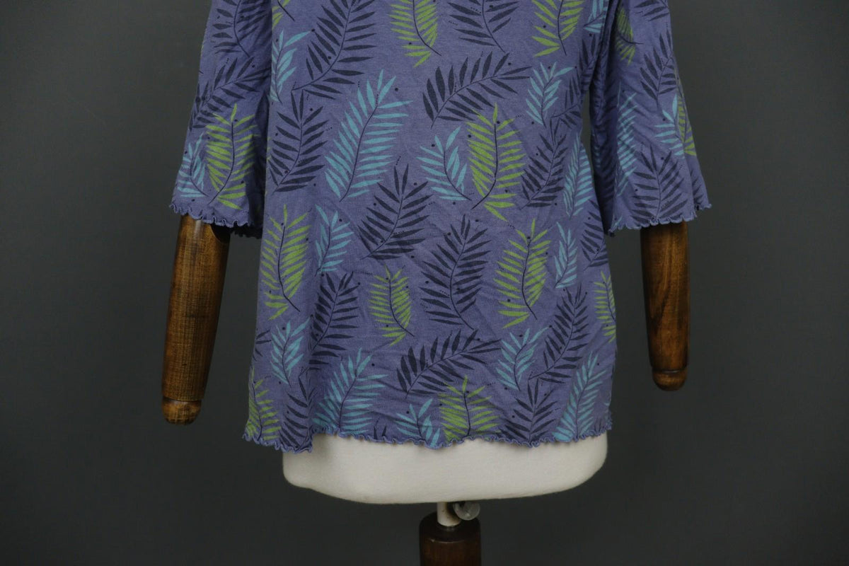 GUDRUN SJODEN Blue Palm Leaf Print Cotton 3/4 Sleeve Pullover Knit Top – Size M