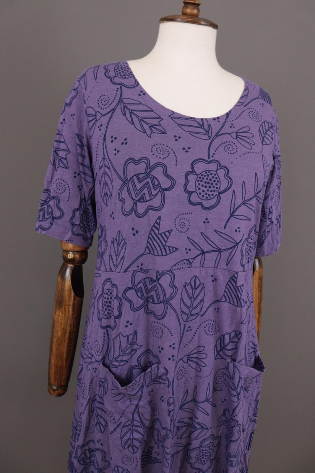 GUDRUN SJODEN Purple Floral Pockets Short Sleeve Blouson Midi Dress – Size M