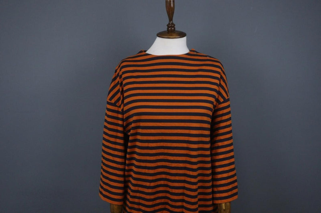 MARIMEKKO TASHIA Orange Black Striped Cotton Long Sleeve Shift Dress – Size XL